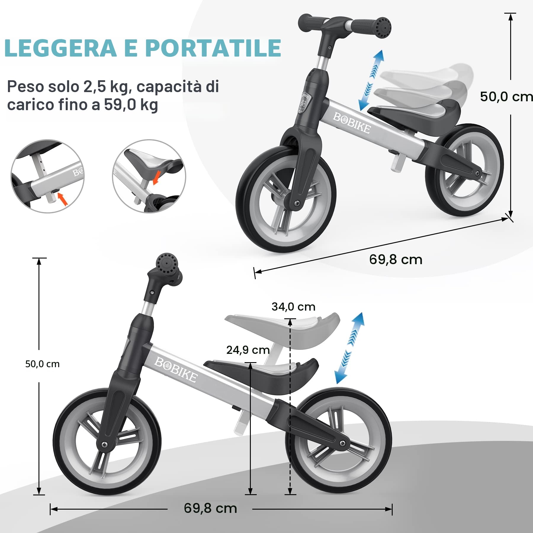 MHCYLION Bicicletta Bambini Senza Pedali per 1,5-4 Anni Fino a 25 Kg, volante e sellino Regolabili in Altezza, Bloccasterzo, Giocattoli Regali per Bambini Bicicletta Equilibrio Bambino,Argento