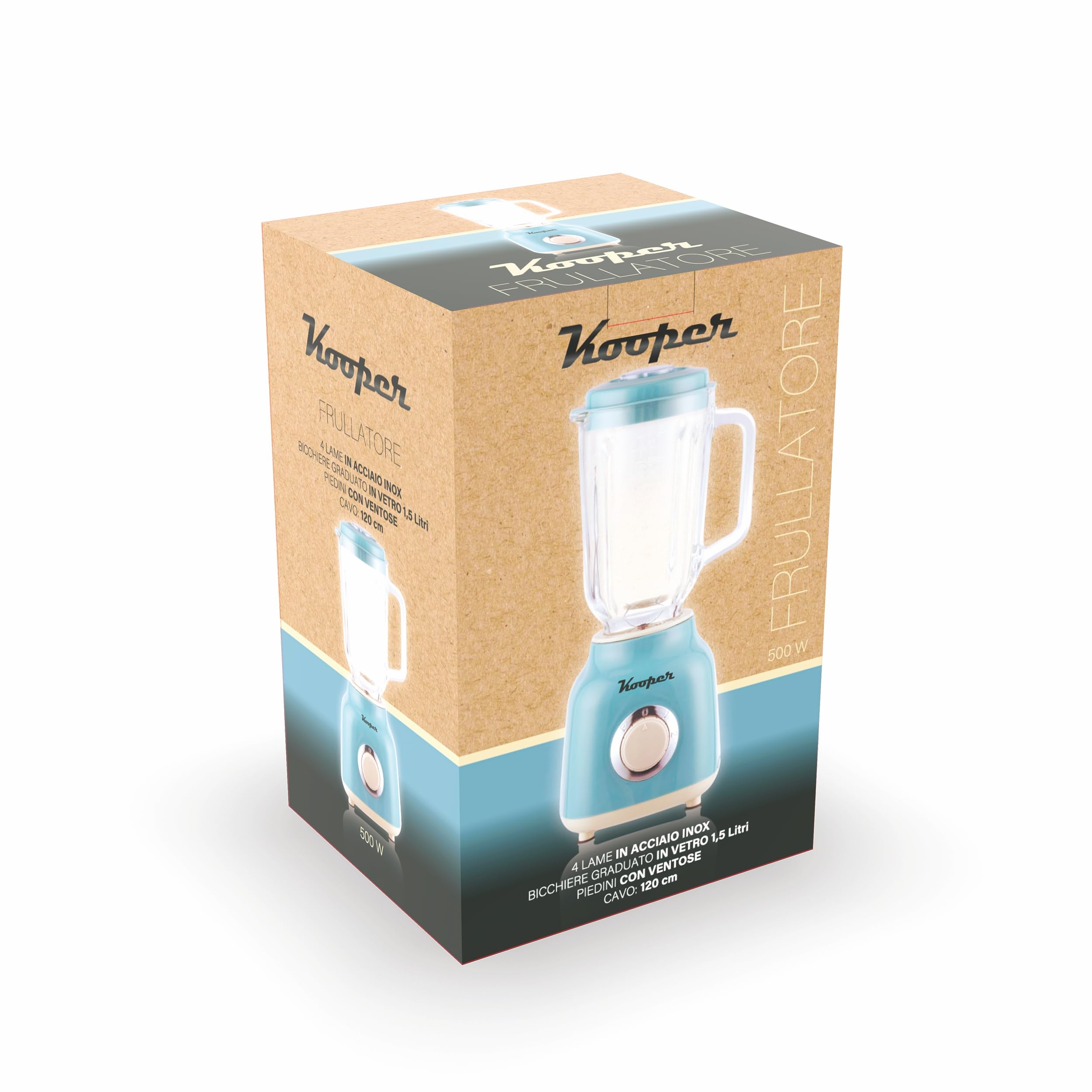 Frullatore elettrico azzurro e avorio, brocca graduata in vetro 1,5 L, lame in acciaio inox, 2 velocità 500 W, Kooper