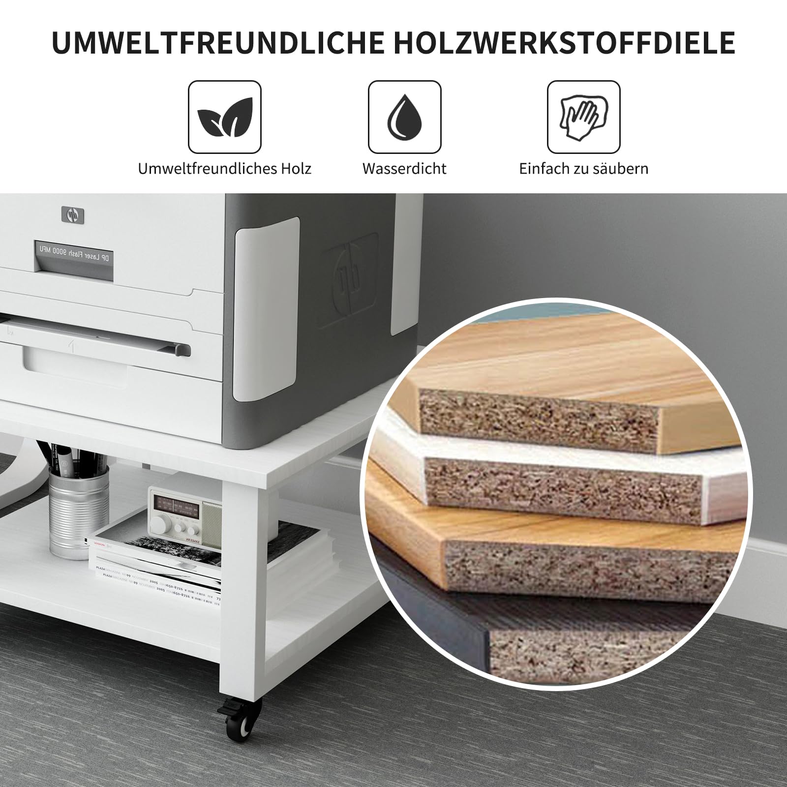 PUNCIA 2-Ebenen Druckertisch mit Rollen 50 x 50 x 30 cm Druckerständer | Druckerwagen mobiles Aufbewahrungsregal aus Holz & Metall bis zu 70 kg belastbar für Büro Zuhause Office Schule Weiß