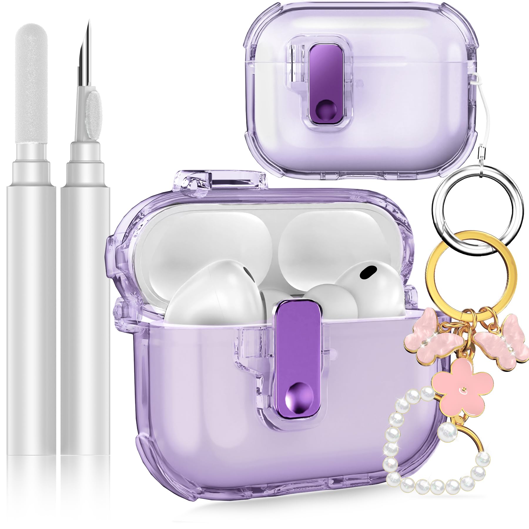 Fotbor for AirPods Pro 3 2025 Case with Secure Lock, Soft Clear TPU Cover with Earbuds Cleaner &amp; Cute Girly Keychain, Anti-Scratch [Airbag] Military Grade Drop Protection - Purple