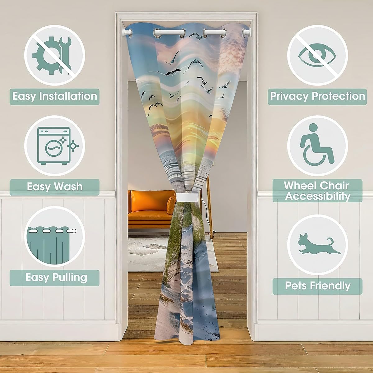 Feelyou Sunset Beach Door Curtain for Doorway Privacy 42" x 80" Coastal Ocean Seagull Closet Door Cover Curtain for Bedroom Living Room Natural Landscape Room Divider Curtain Cover