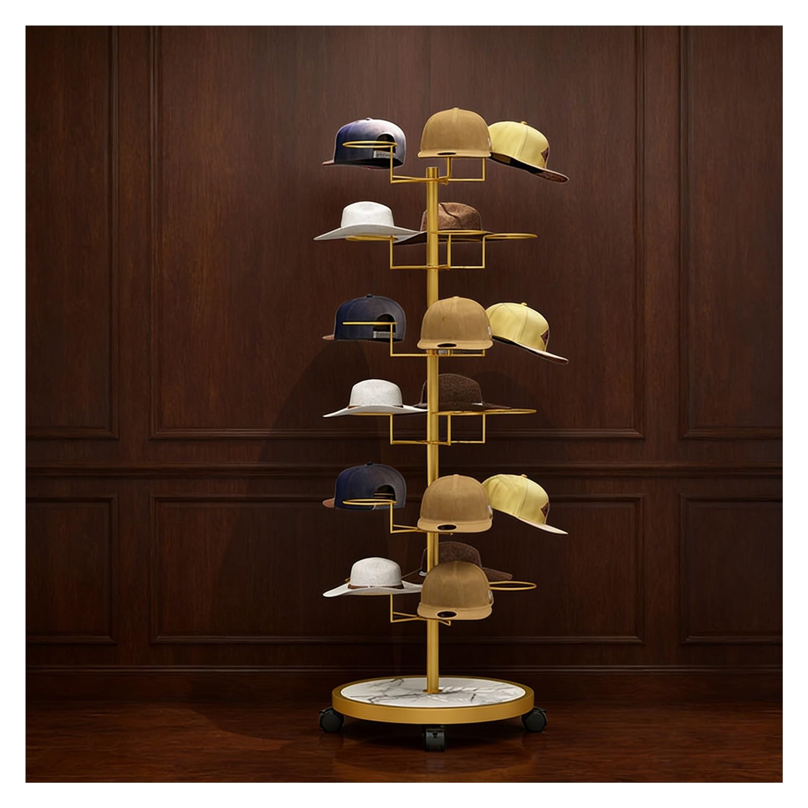 YNBSHGAA Large Capacity Hat Display Rack, Metal Stand Holds 30 Hats, 360° Rotatable Freestanding with Wheels for Retail Store,Gold
