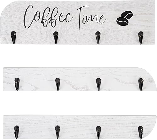 Soporte para tazas de café de madera maciza montado en la pared, estante rústico para tazas con 12 ganchos, gran espacio para tazas grandes para