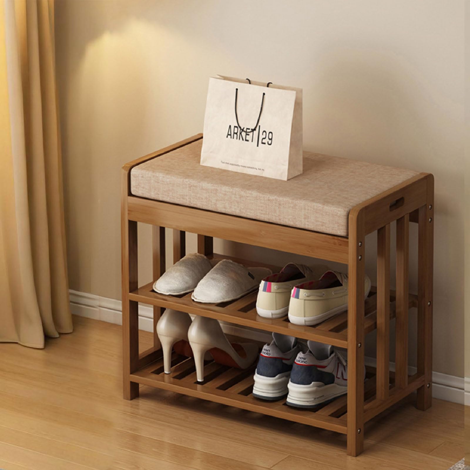 Banc à chaussures en bambou 2 niveaux avec coussin d'assise moderne pour salon