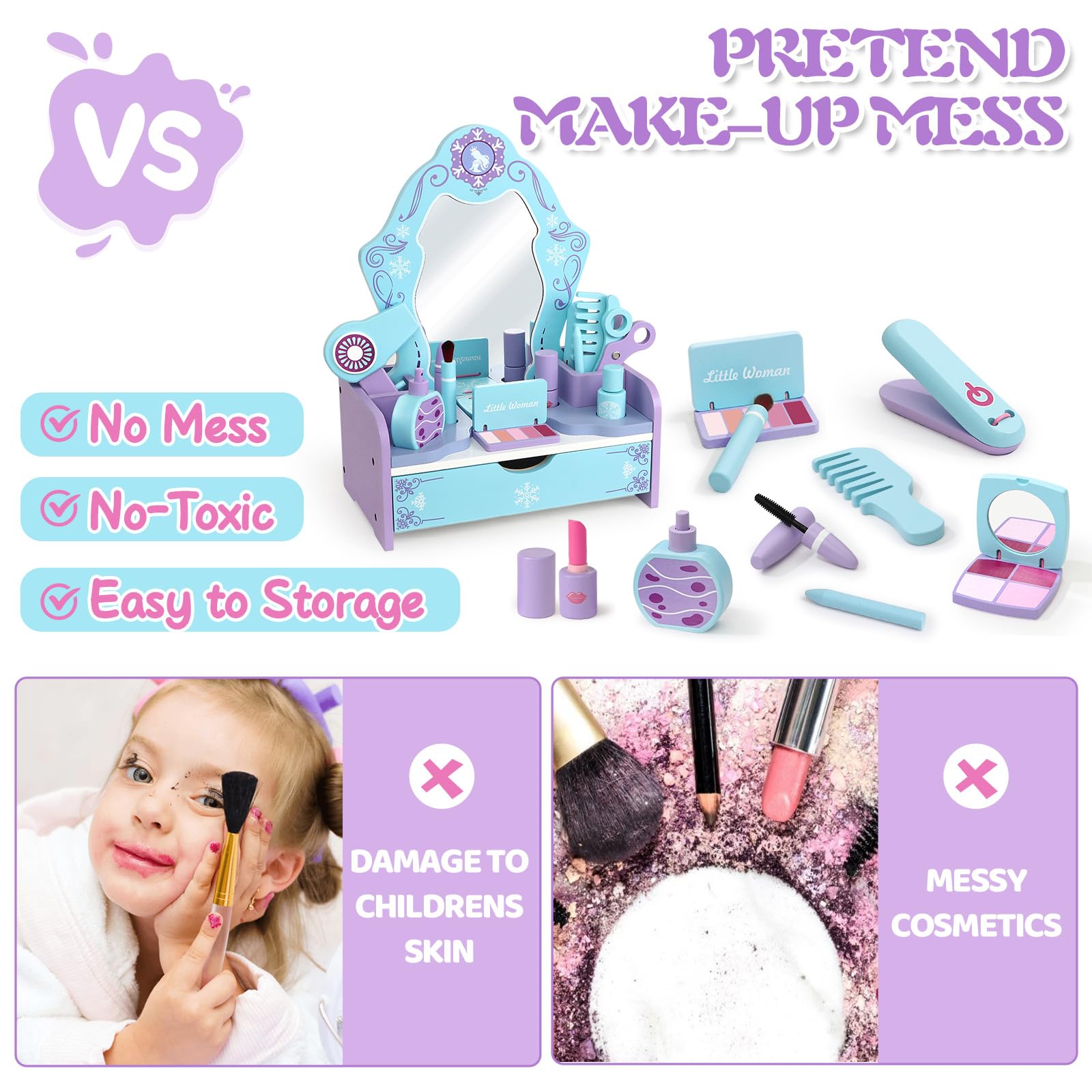 Atoylink Eiskönigin Schminktisch Kinder für Mädchen, 12-Teiliges Schminkset mit Kinderschminke Set & Friseur Set, Frozen Schminke Holzspielzeug, Eiskönigin Spielzeug Geschenk für Mädchen ab 3 Jahren