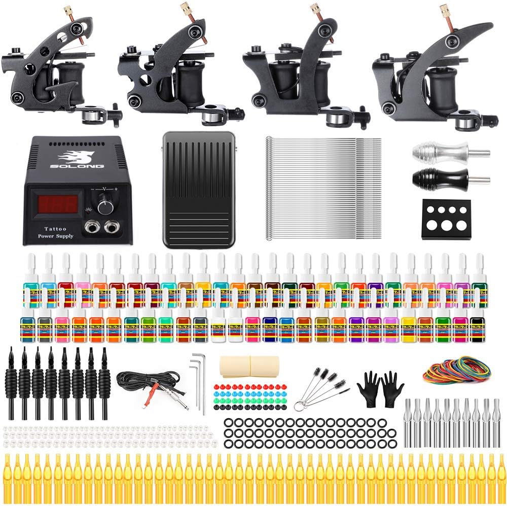 Solong Tattoo Complete Tattoo Kit 4 Pro Machine Guns 54 Inks Power Supply Foot Pedal Needles Grips Tips TK457