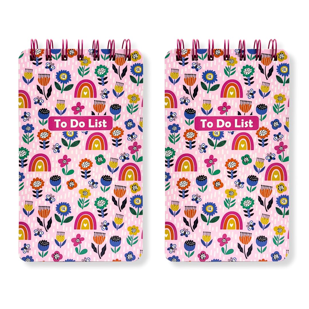 Tot Tales To-Do List Set of 2 Size (17 x 10 cm) 192 Ruled Pages, 80 GSM Spiral Bound Notebooks for Daily Tasks, Checklists - Floral Rainbow Set of 2