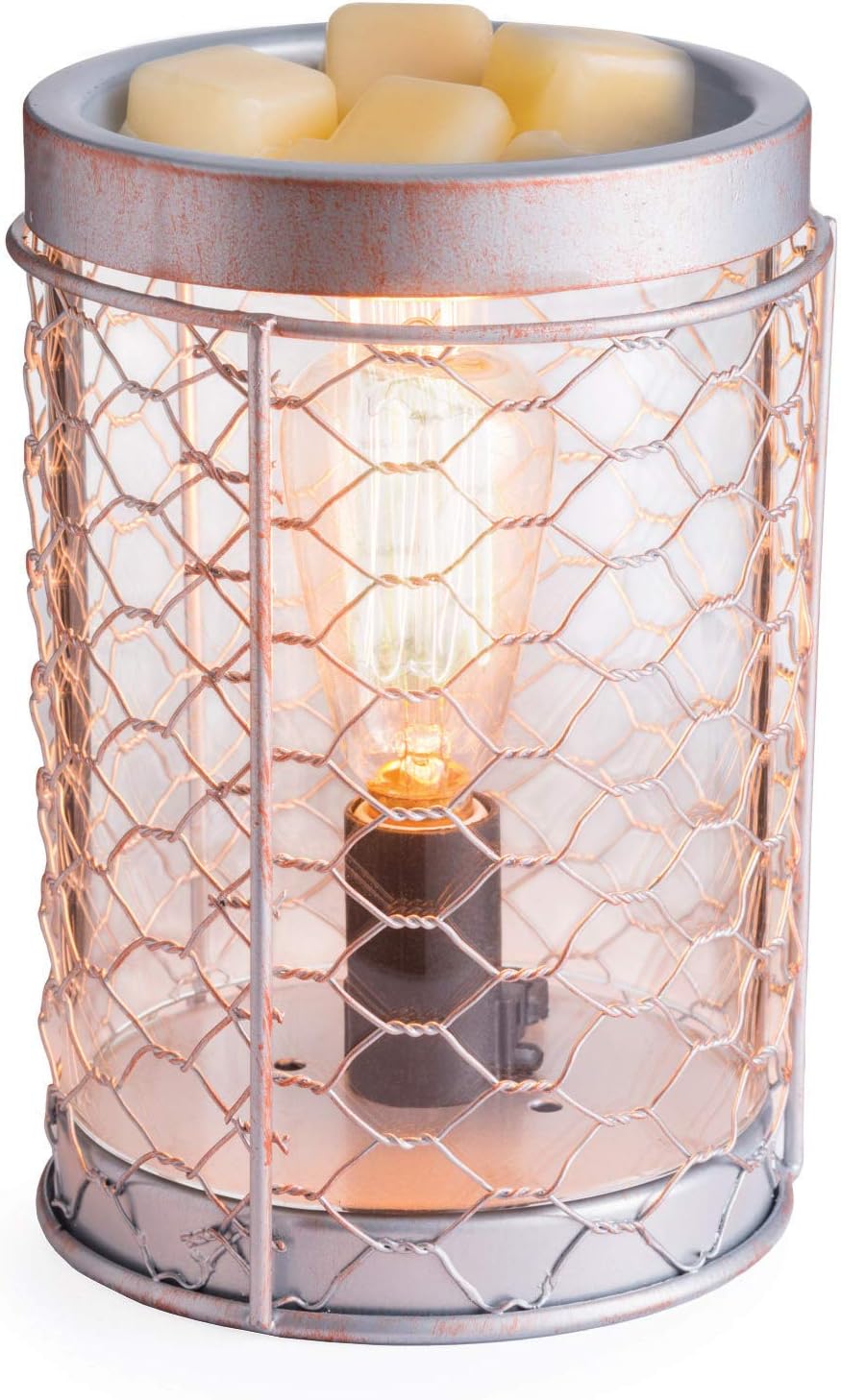 Candle Warmers Etc. Vintage Bulb Illumination Fragrance Warmer- Light-Up Warmer for Warming Scented Candle Wax Melts and Tarts to Freshen Room, Chicken Wire Silver