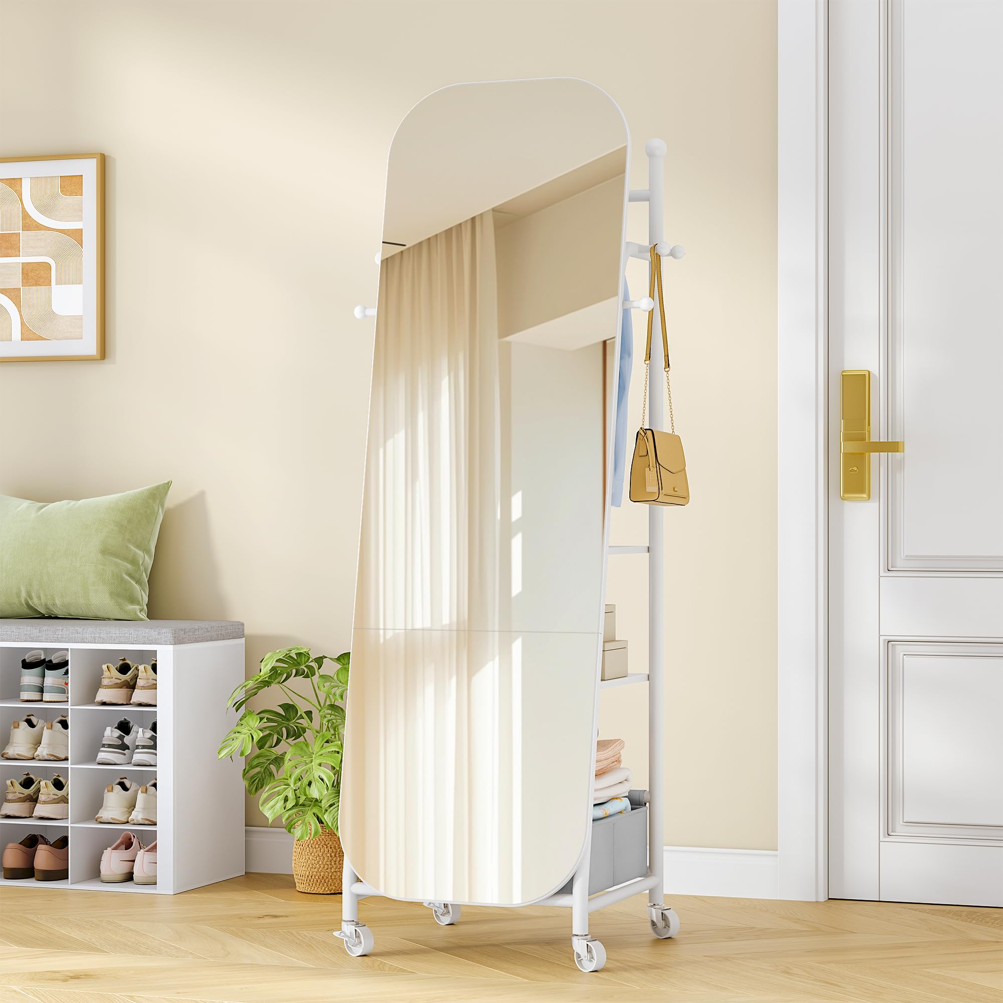 Hzuaneri Espejo de Cuerpo Entero, 160x50cm, Espejo de tocador con Perchero, Ruedas Giratorias de 360°, Espejos grande con caja de almacenamiento y ganchos, para Guardarropa, Dormitorio o Salon, Blanco