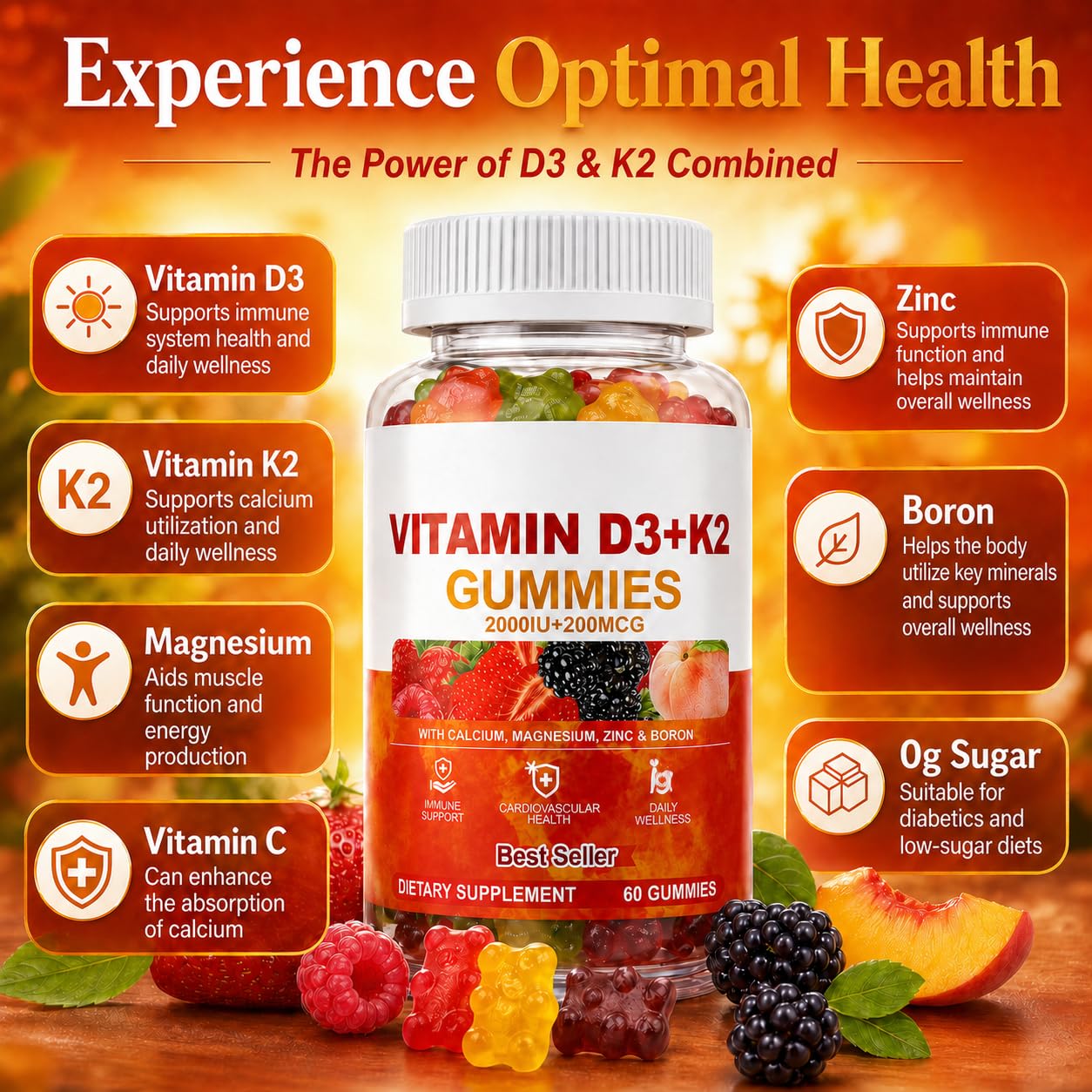 Vitamin D3 + K2 Gummies 2000 IU with Calcium, Magnesium & Zinc, Mixed Fruit — Amazon image 4