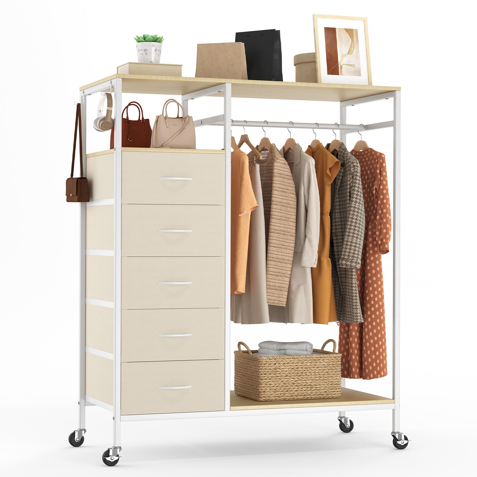 HOKEEPER All-in-One Rolling Coat Rack with 5 Drawers, Mobile Closet Organizer on Wheels, Clothes Rail & Open Shelves for Bedroom, Laundry Room - Beige