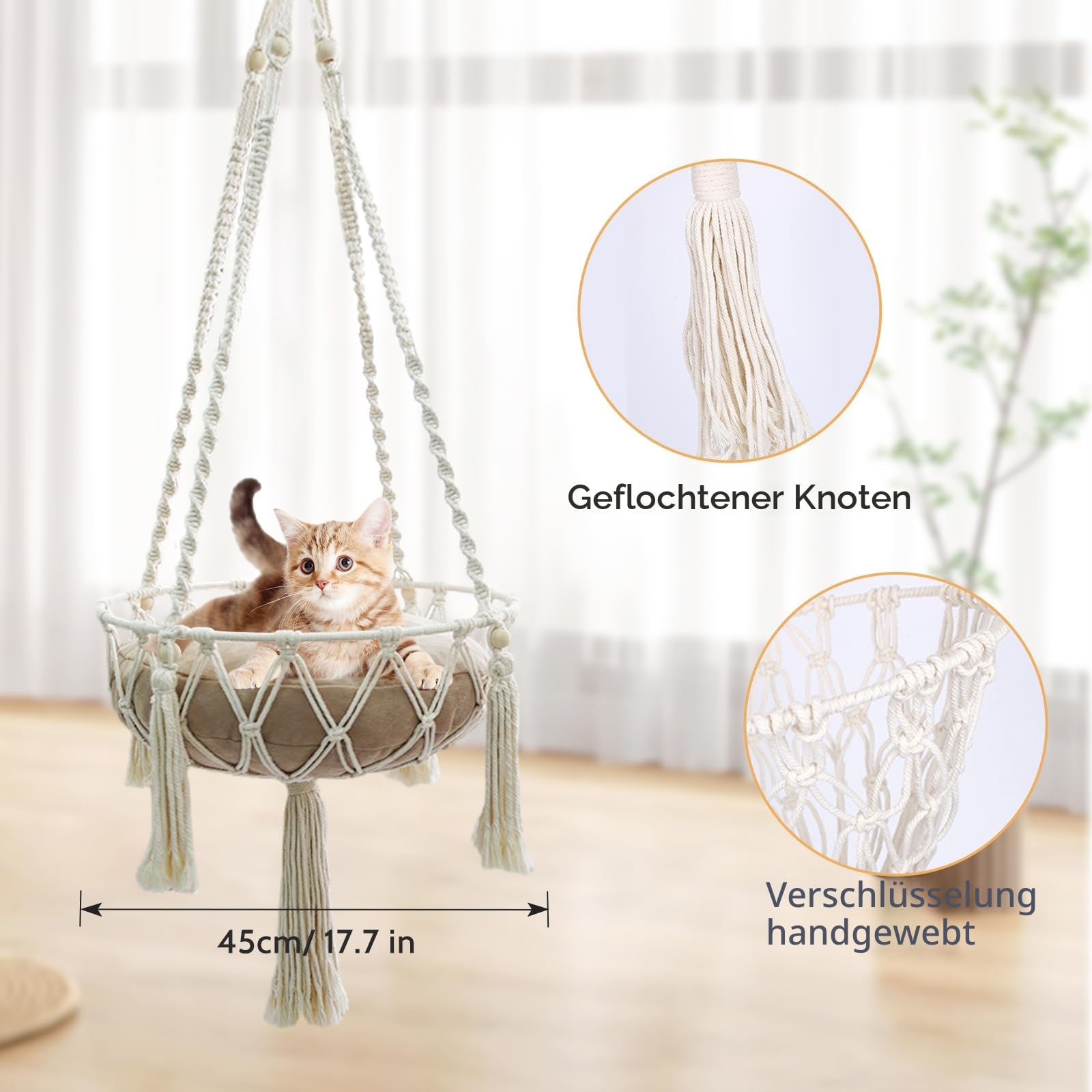 Makramé-Hängematte für Katzen, Schaukelbett für Katzen, handgestricktes, aufgehängtes Katzennest