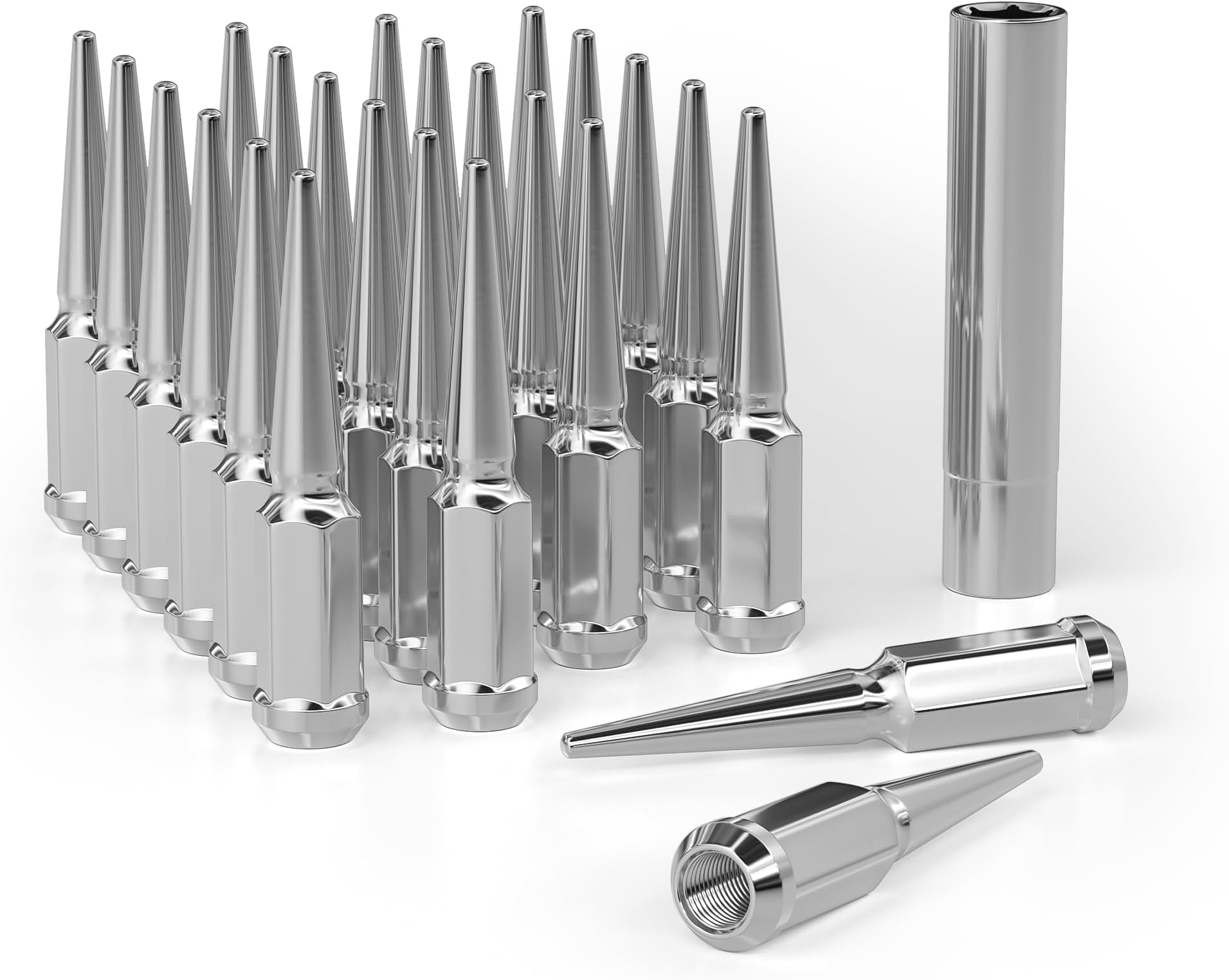 Set of 24, 14 mm x 1.5 Wheel Spike Lug Nuts, M14x1.5 Conical Bulge Seat, Closed End