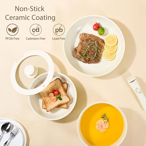 Miniatura 4 de Ollas y sartenes antiadherentes, juego de utensilios de cocina antiadherentes de cerámica, juego de cocina de inducción con mango extraíble,