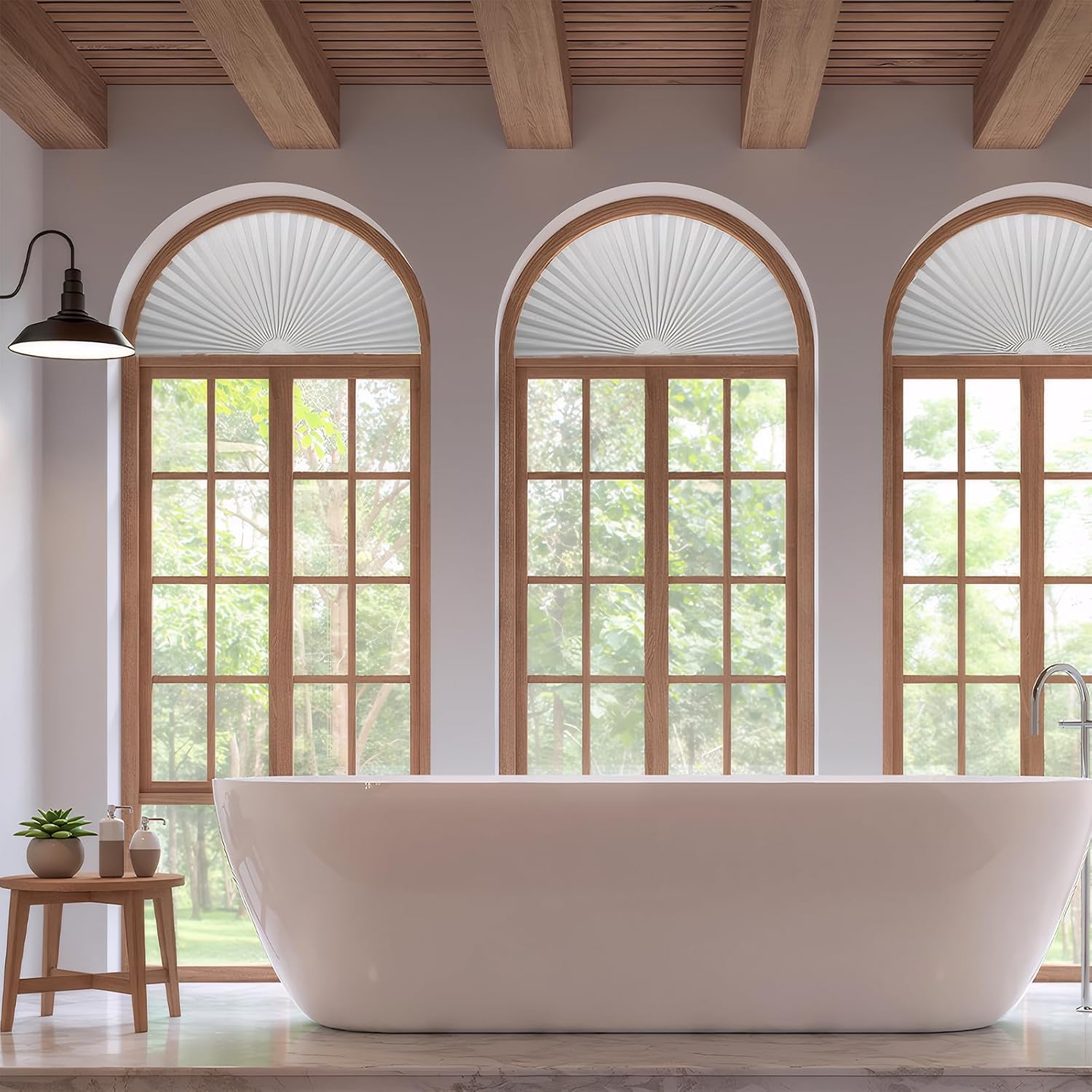 2 PCS Half Circle Window Shade, Arch Window Shade, Radius 17.7 Inches, Blackout Shades, Cordless and No Drilling Required, Half Moon Honeycomb Blinds for Windows Easy Install (White)
