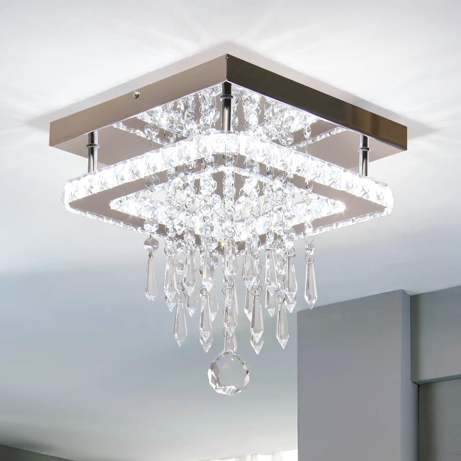 FRIXCHUR Square Crystal Chandelier Modern Crystal Ceiling Light LED Flush-Mounted Ceiling Lights for Dining Room Bedroom Living Room Hallway (Cool White)