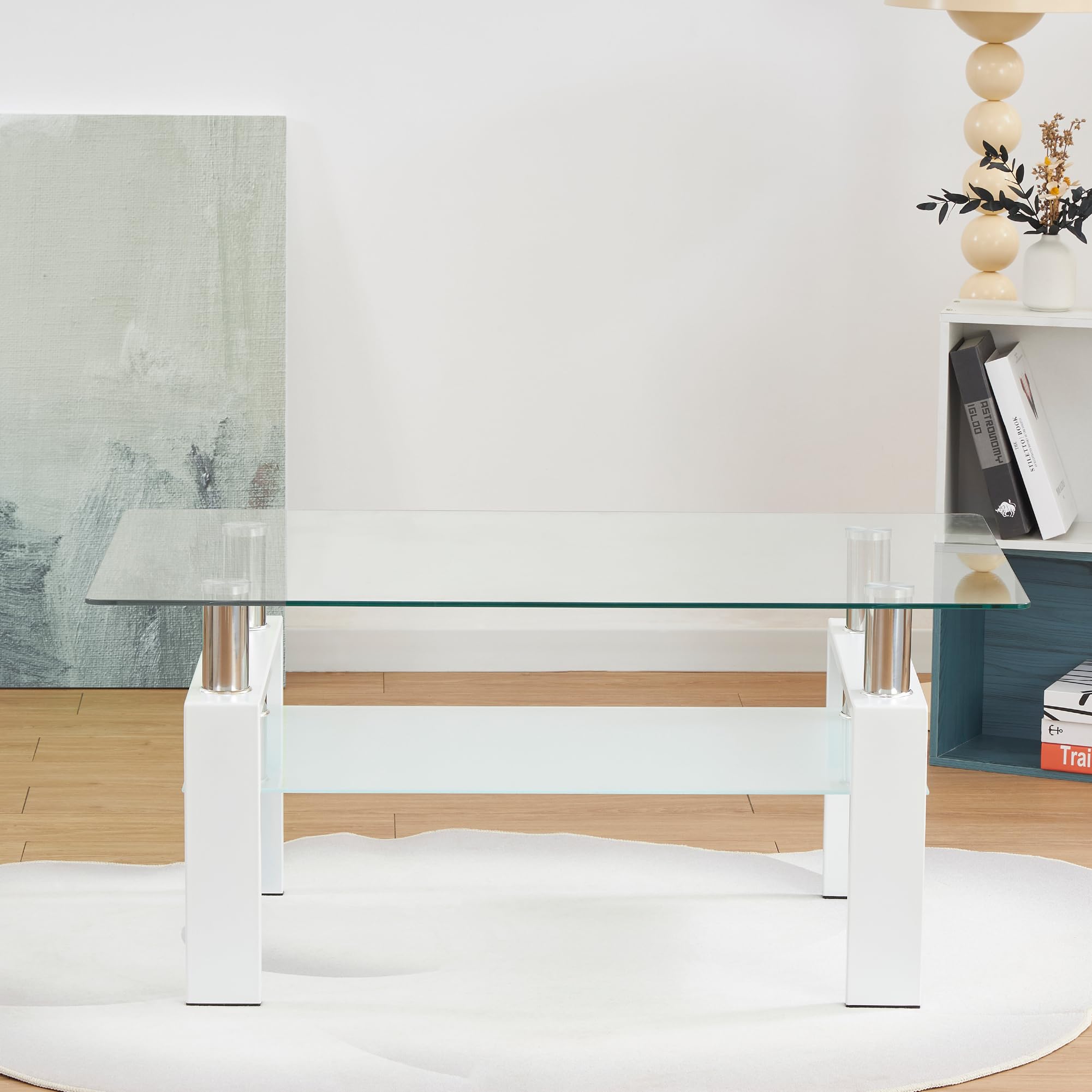 Mesa de Centro 100 x 60 x 44 cm Porter, Mesa de Cafe Rectangular con Vidrio Templado Transparente 6 mm y Estructura Blanca, diseño Elegante, para salón y Zona Lounge