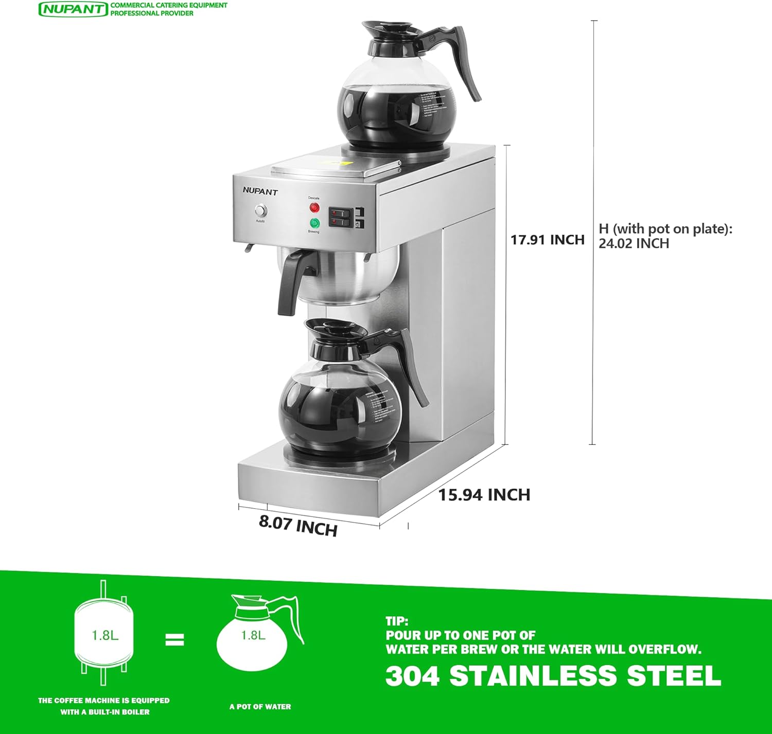 12-Cup Commercial Coffee Maker with Water Line 1.8L Auto-Filling Drip Coffee Maker Machine with 2 Glass Carafes and 2 Warmers Stainless Steel Pour over Coffee Brewer for Restaurant Office cafe