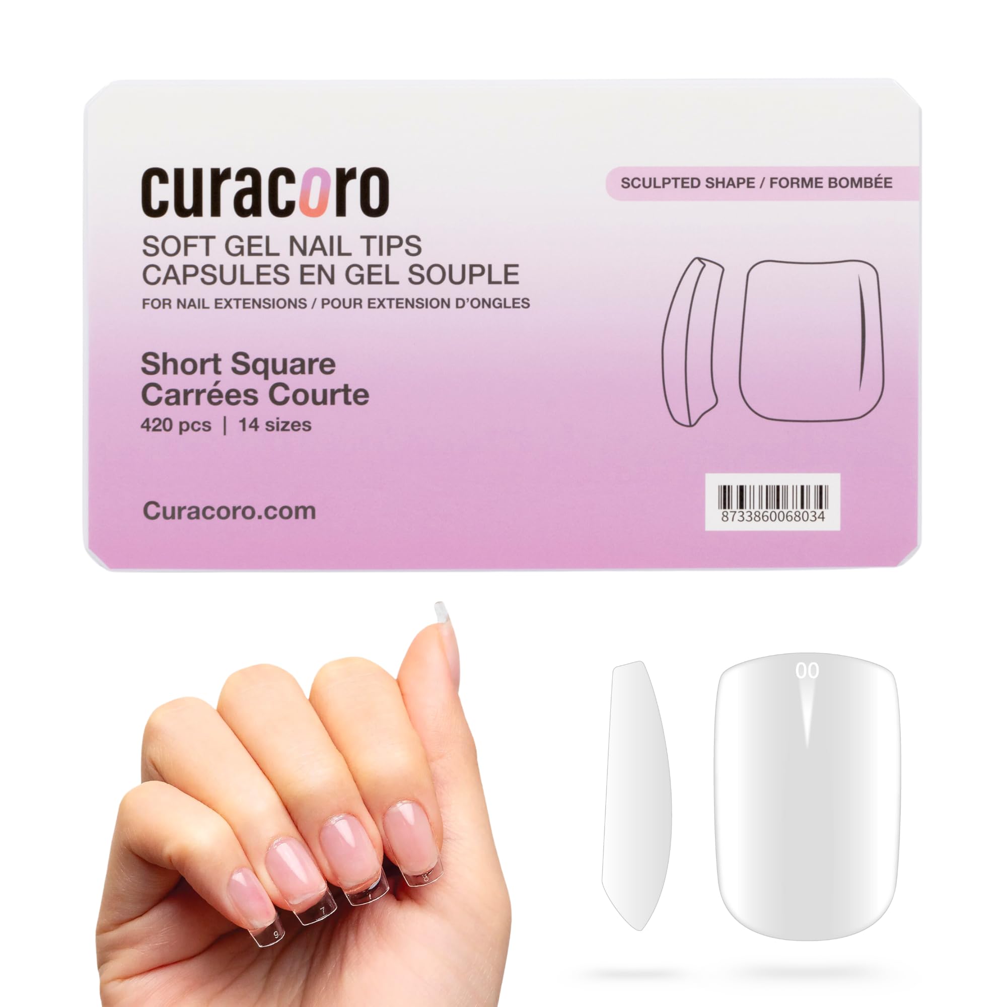 Curacoro Sculpted Short Square Gel Nail Tips 420Pcs, Clear Full Cover Soft Acrylic Tips 14 Sizes, Easy to Use, Long-Lasting, Glossy Finish