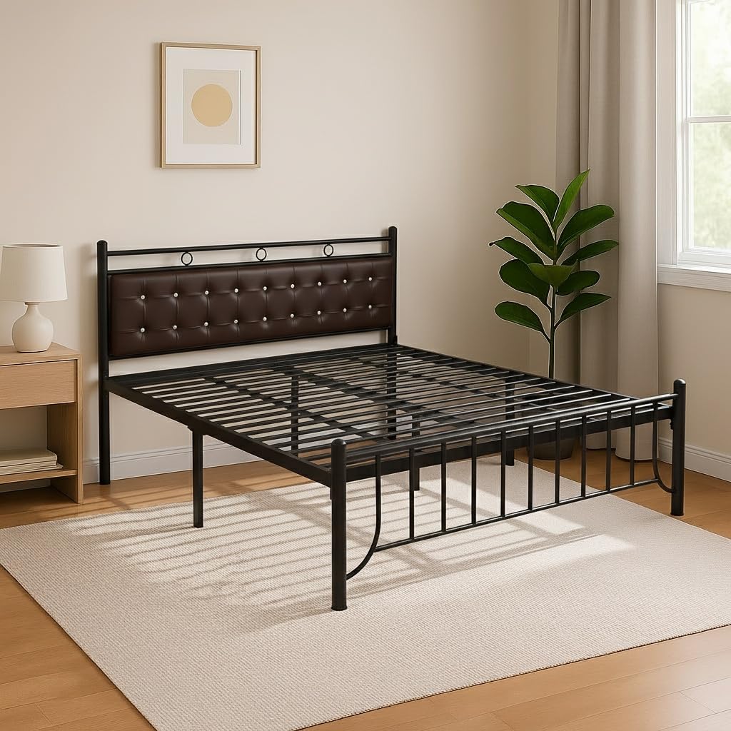 Royal Interiors Zuno Metal King Size Bed Without Storage | Wrought Iron Double Bed with Headboard & Footboard | Sturdy Powder Coated Platform Bed King Size Cot for Bedroom Living Room Black (75x72)-image-22