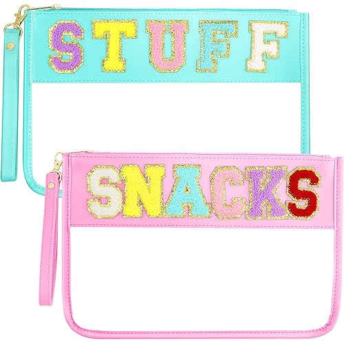 2 PCS Chenille Letter Bag Snacks Clear Pouch, Preppy Travel Stuff Bag Waterproof Flat Clear Snack Bags with Zipper for Women Girls