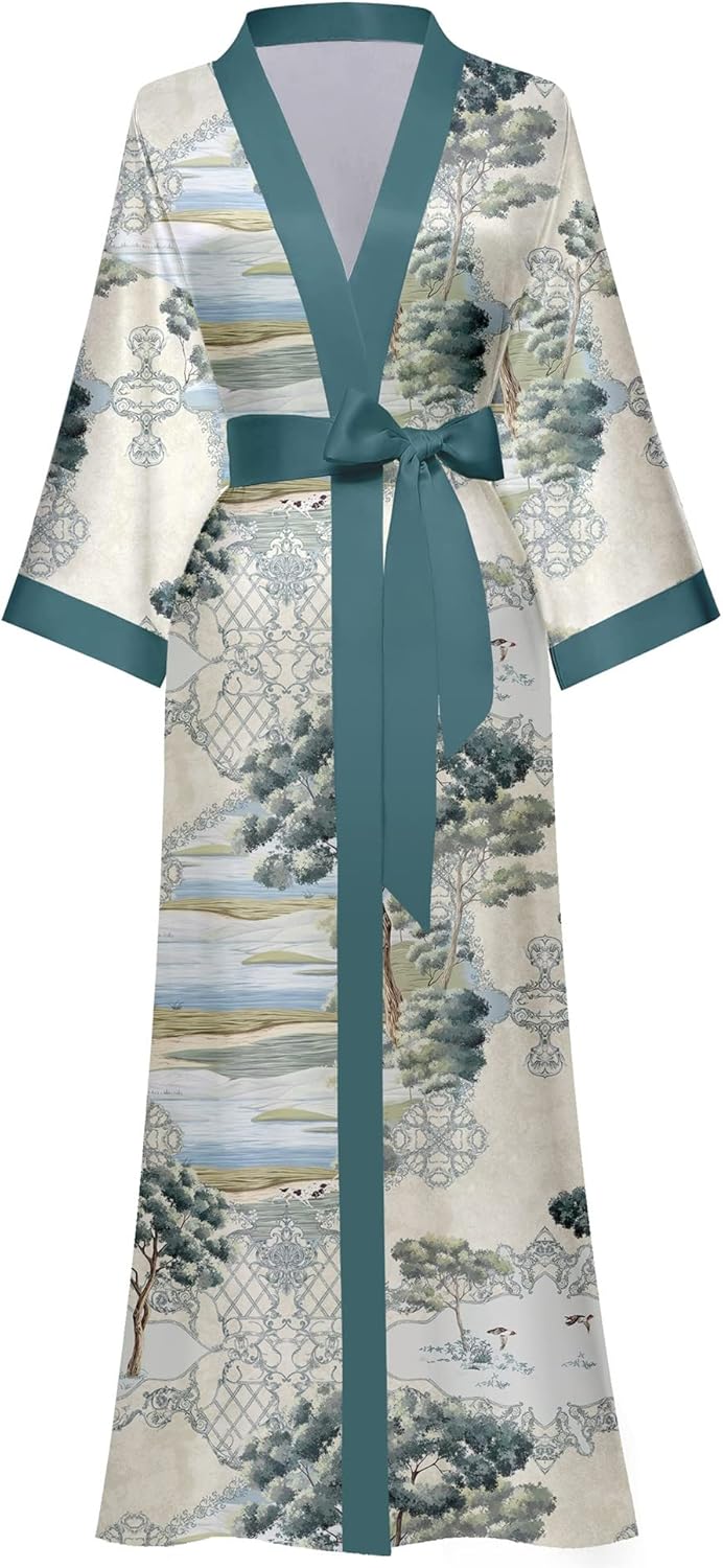 Women's Long Silk Robes Long Satin Robes Long Kimono Robes Floral Silky Bathrobes Dressing Gown, One Size