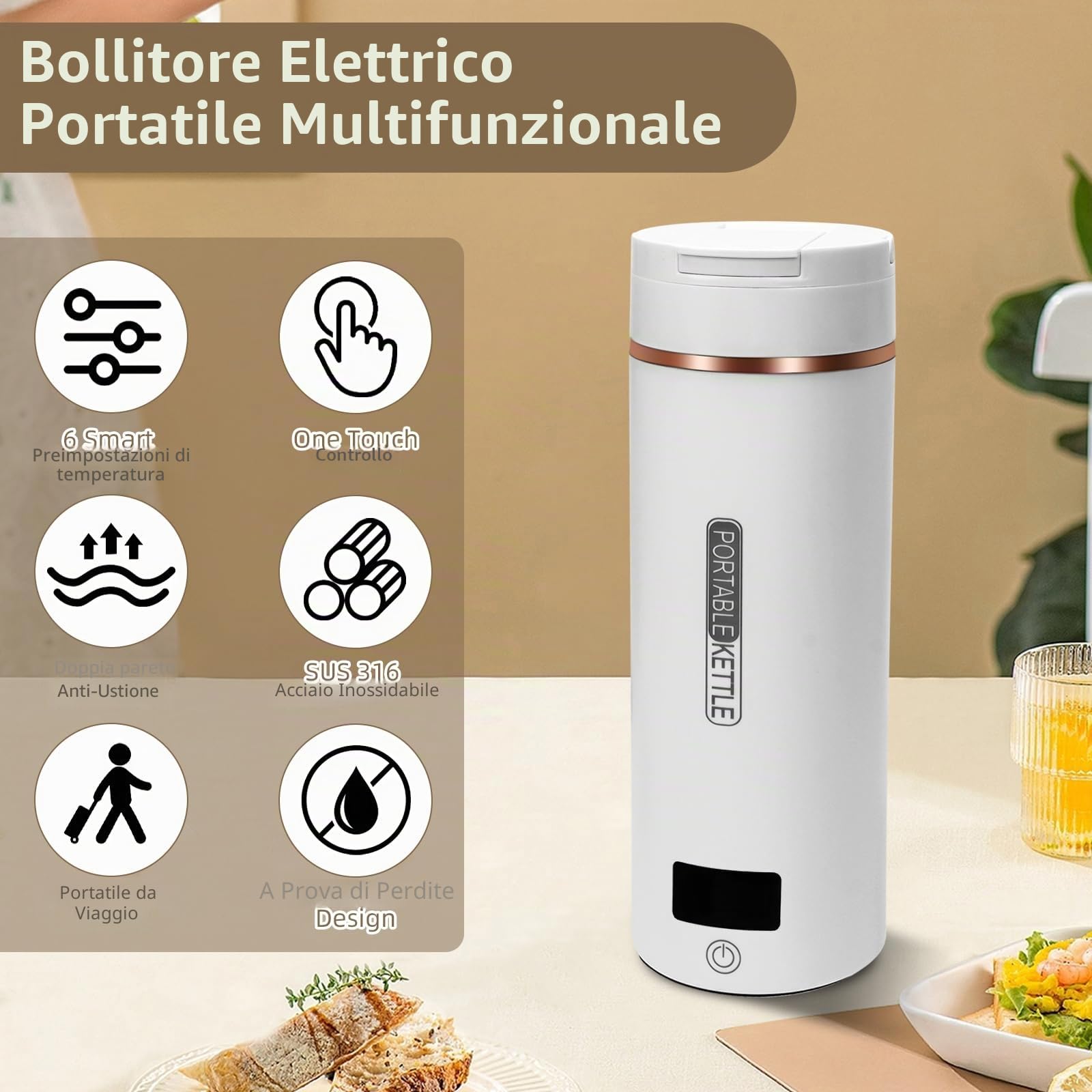 Bollitore da viaggio in acciaio inox 316, 450 ml, 6 impostazioni di temperatura, 240 V/300 W, catena elettrica con spegnimento automatico per tè, caffè