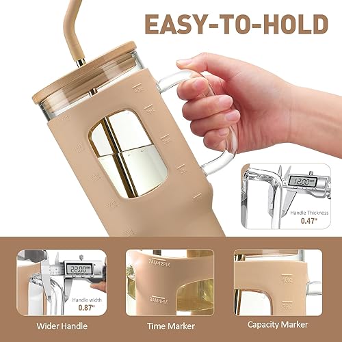 Miniatura 2 de Vaso de vidrio con popote y tapa, taza de vidrio de 40 oz con asa, botellas de agua de vidrio con marcador de tiempo, funda protectora de silicona,
