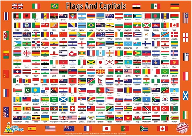 Little Wigwam Flags and Capitals "No Tear Guarantee" Educational Poster (60 x 42cm)