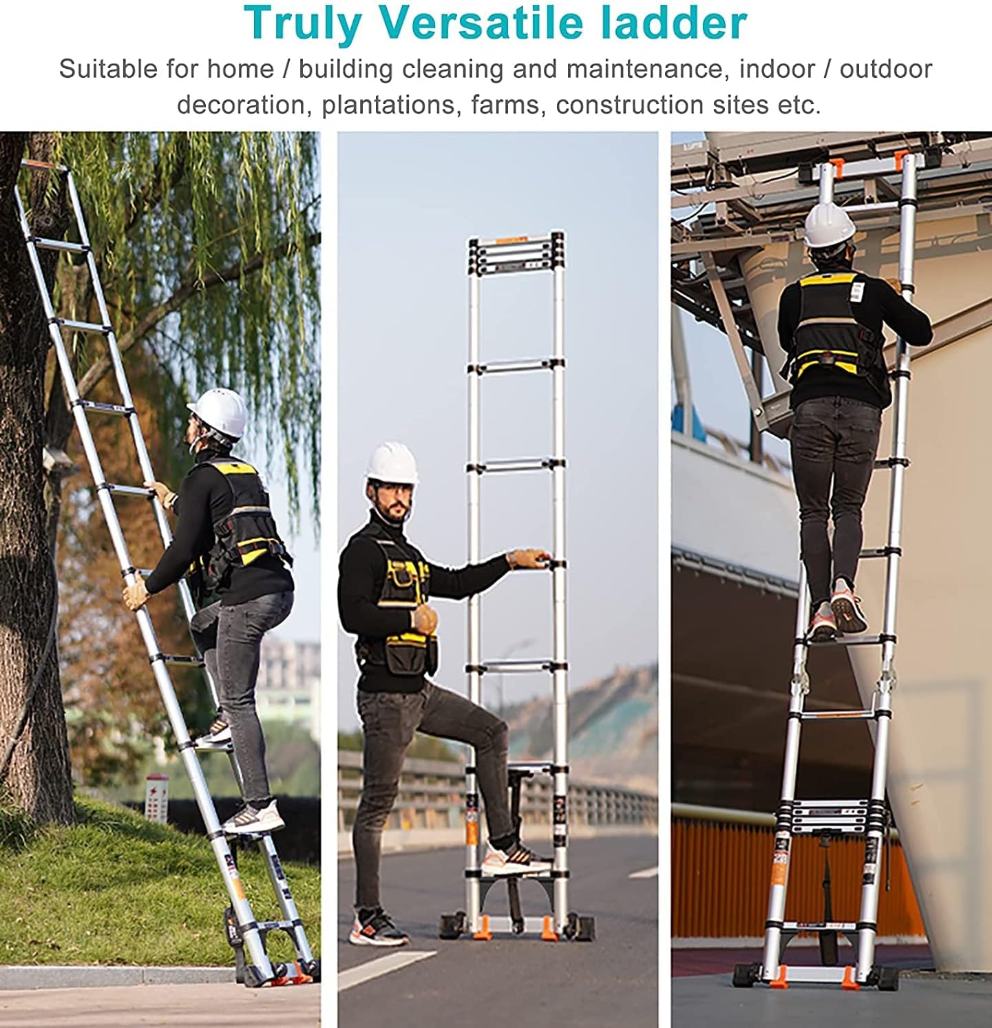 Telescopic Straight LadderTelescoping Ladder Portable Almighty Extendable Ladder, Multi-Purpose Heavy Duty Telescopic Ladder with Hook & Support Bar, Compact Telescoping Ladder, Lo