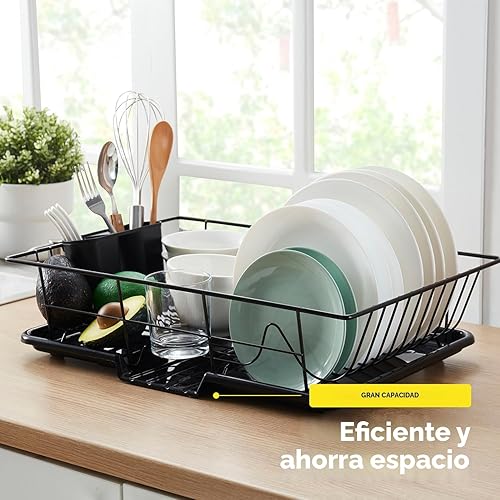Miniatura 3 de Juego de escurridor de platos de 3 piezas que ahorra espacio con soporte para cubiertos, maximiza el espacio en la encimera, color negro