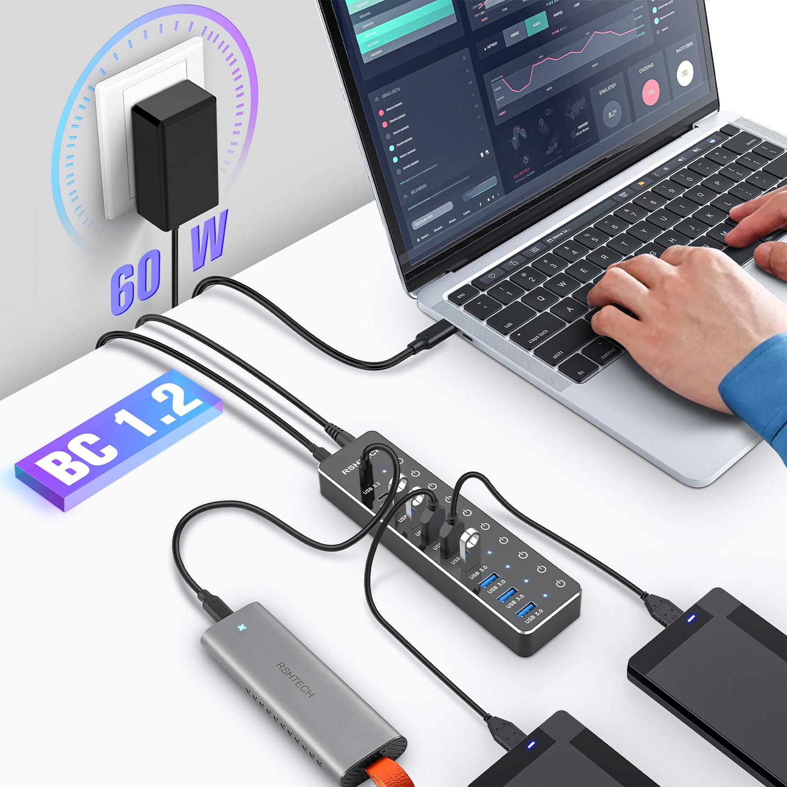 Hub USB Alimentación, RSHTECH Hub USB 3.2/USB C 10 Puertos con Puertos Datos USB-A 3.2 y 2X USB-C 3.2 10Gbps, 7 Puertos USB-A 3.0 y Alimentación 12V/5A, Interruptores Individuales, RSH-ST10C