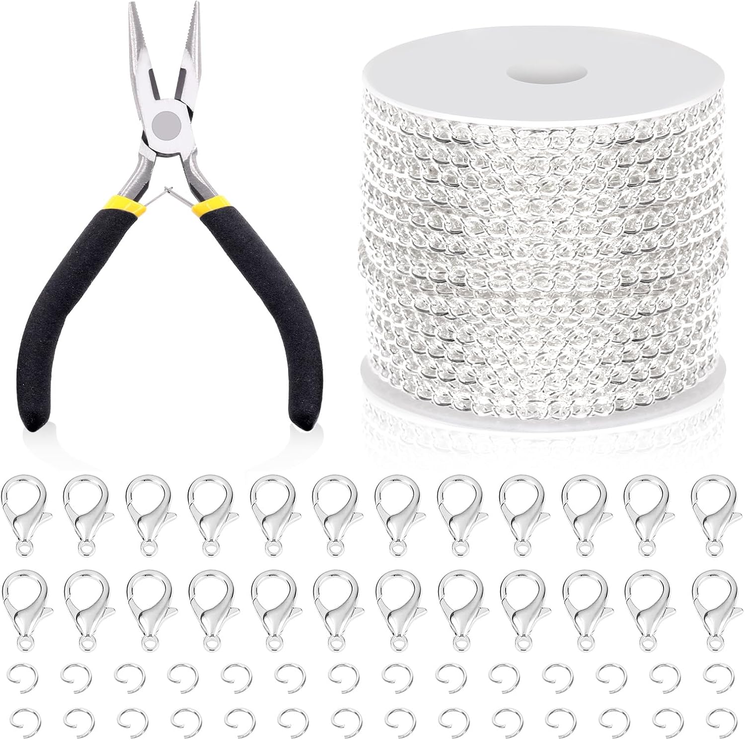 Swpeet 102Pcs Silver 3mm Jewelry Making Chains Kit with Jump Rings, Lobster Clasps