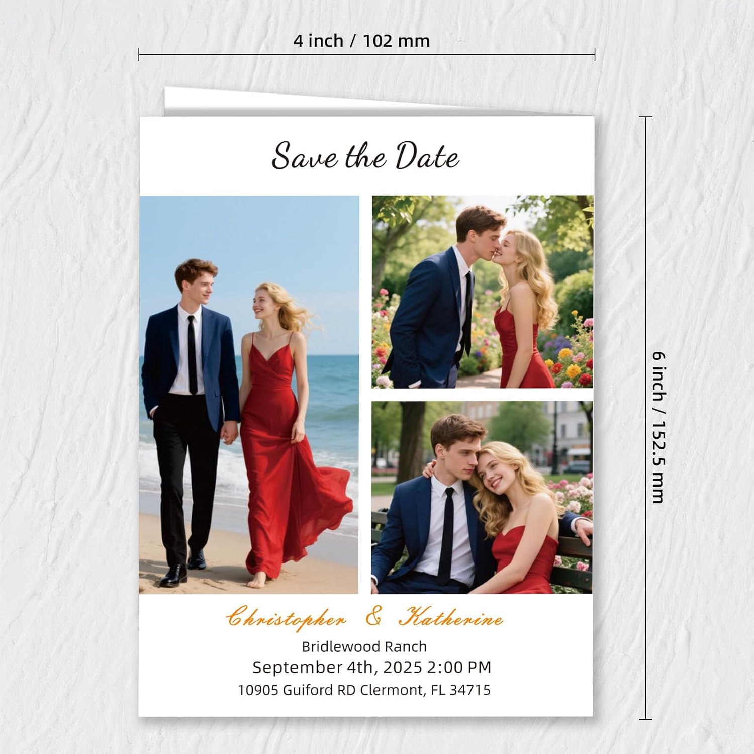 Personalized Save the Date Wedding Invitation Card with Photo 4x6inch 350GSM Papers and Envelopes, Custom Thank You card for Weddings, Birthdays and Parties, 50pcs or more (Vertical with 3 Photos)