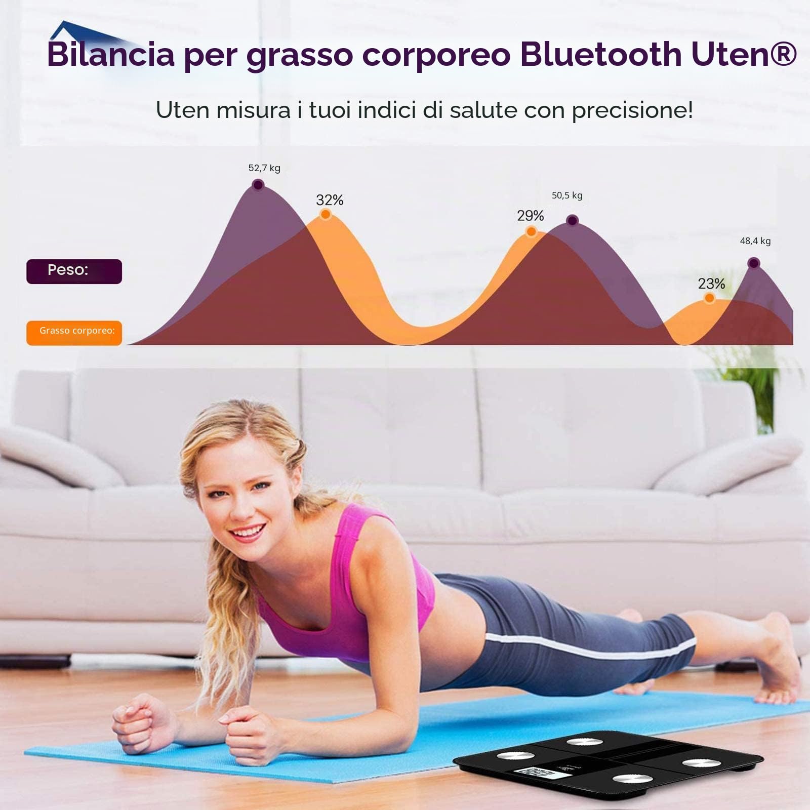 Uten Ricarica USB Bilancia Digitale, Bluetooth Pesapersone Bilancia Wireless Professionale Bilancia iOS Android per Dati Grasso Corporeo, Massa Muscolare, Metabolismo Basale, Massa Ossea