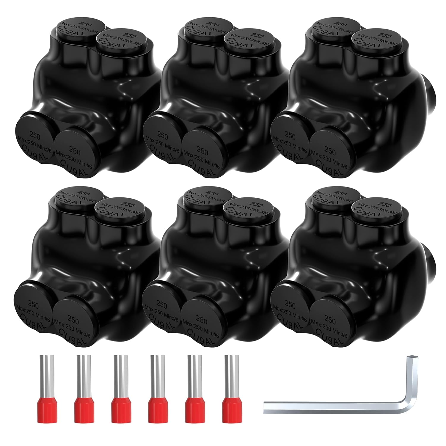 Joinfworld 2 Port Insulated Multi Tap Connector 250MCM-6AWG Aluminum to Copper Wire Connectors Dual Entry Black Electrical Cable Connectors with Slotted Allen Hex - 6 Pack