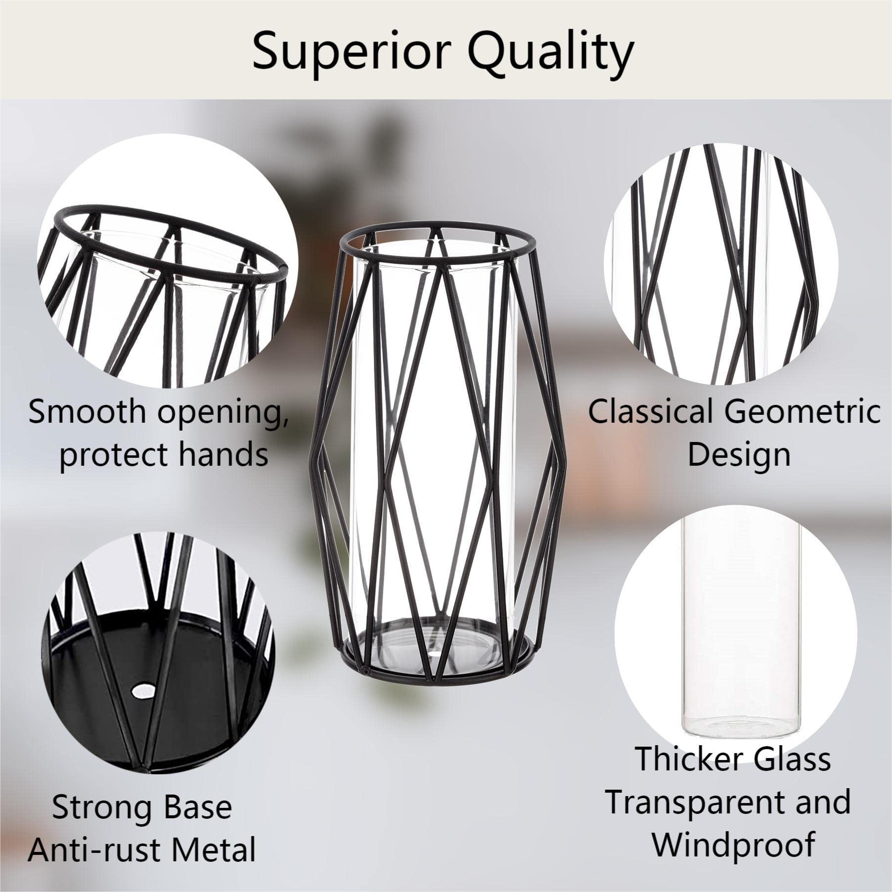 Schwarzer geometrischer Stumpenkerzenhalter – 2 Stück Glaszylinder-Hurricane-Kerzenhalter mit Metall-Kerzenständer, kreative trendige Vase für Büro, Hochzeit, Urlaub, Party, Geschenke