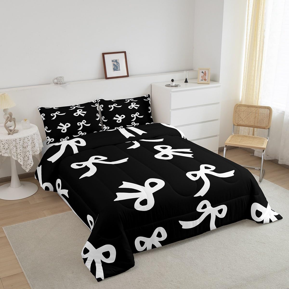 Feelyou Bowknot Comforter Set Full Size Bow Tie Butterfly Knot Princes Comforter Bow Tie Butterfly Knot Princes Bedding Set Watercolor Bow Duvet Set Black Quilt Set