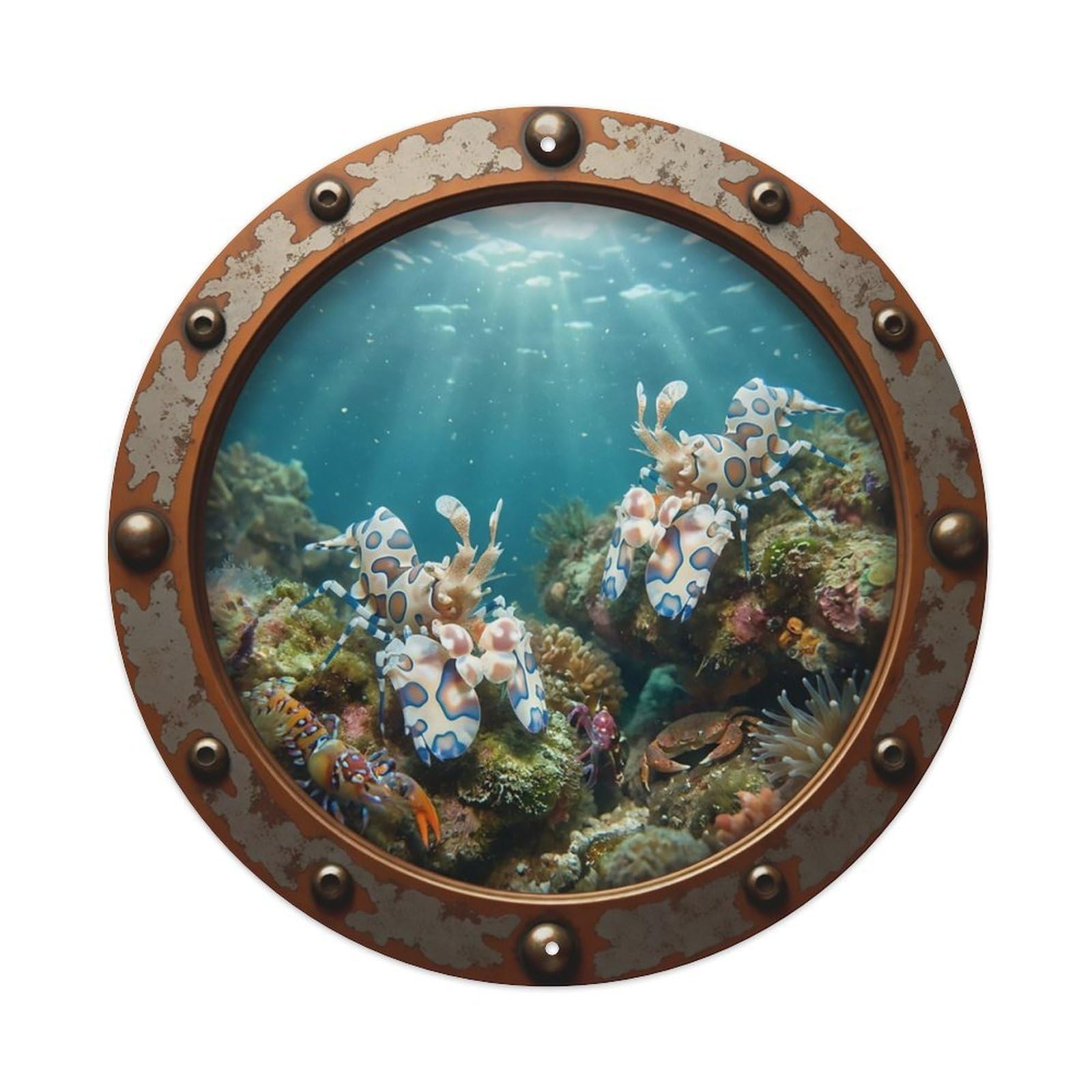 Odgynaw 8X8inch(20X20cm) Vintage Porthole Harlequin Shrimp Nautical Window View Metal Tin Sign