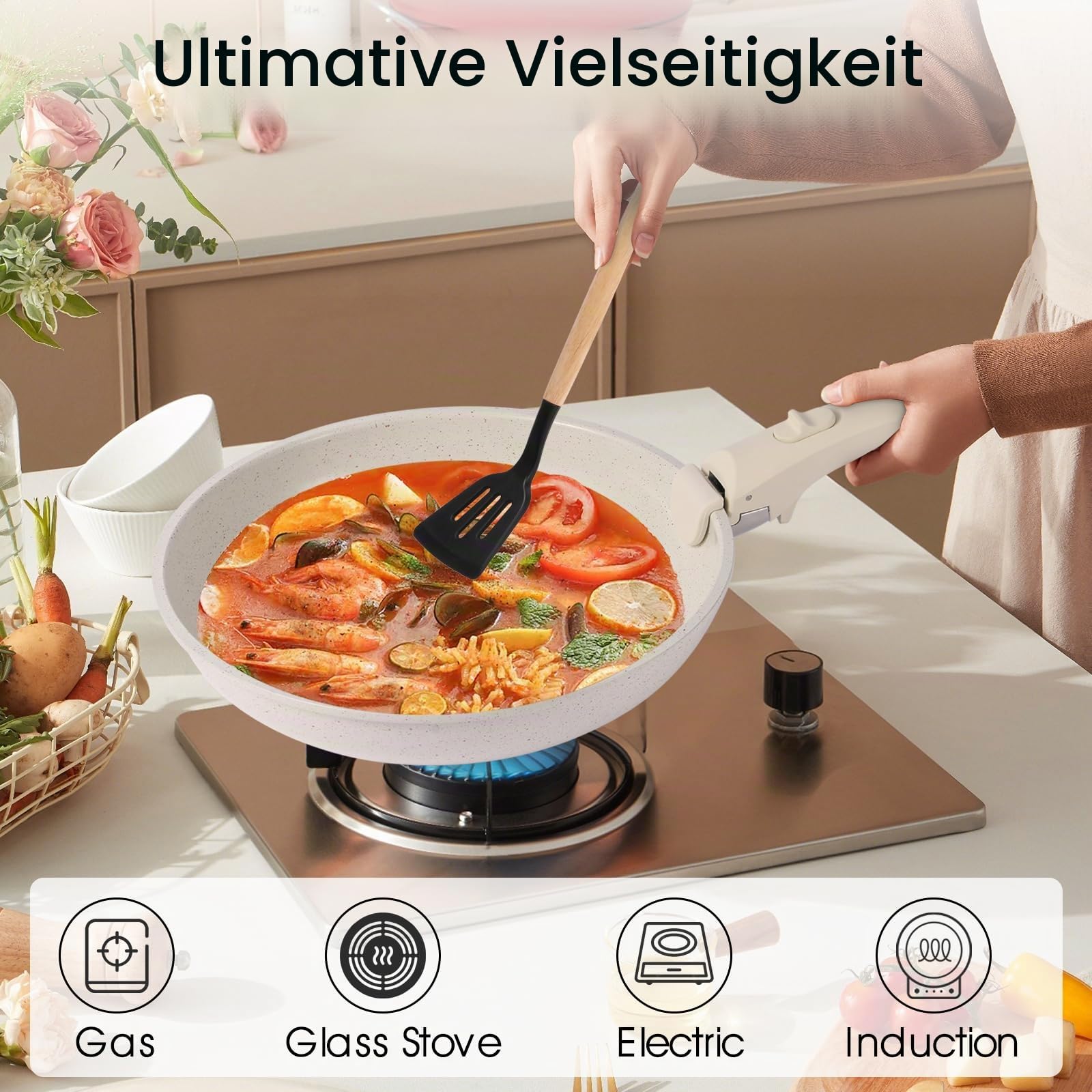 19-Piece Cream White Ceramic Cookware Set with Removable Handles – Non-Stick Frying Pan & Induction Pot Set, Space-Saving, Oven Safe, PTFE/PFOA/PFOS-Free, Kitchen Cooking Pot Set for All Hobs