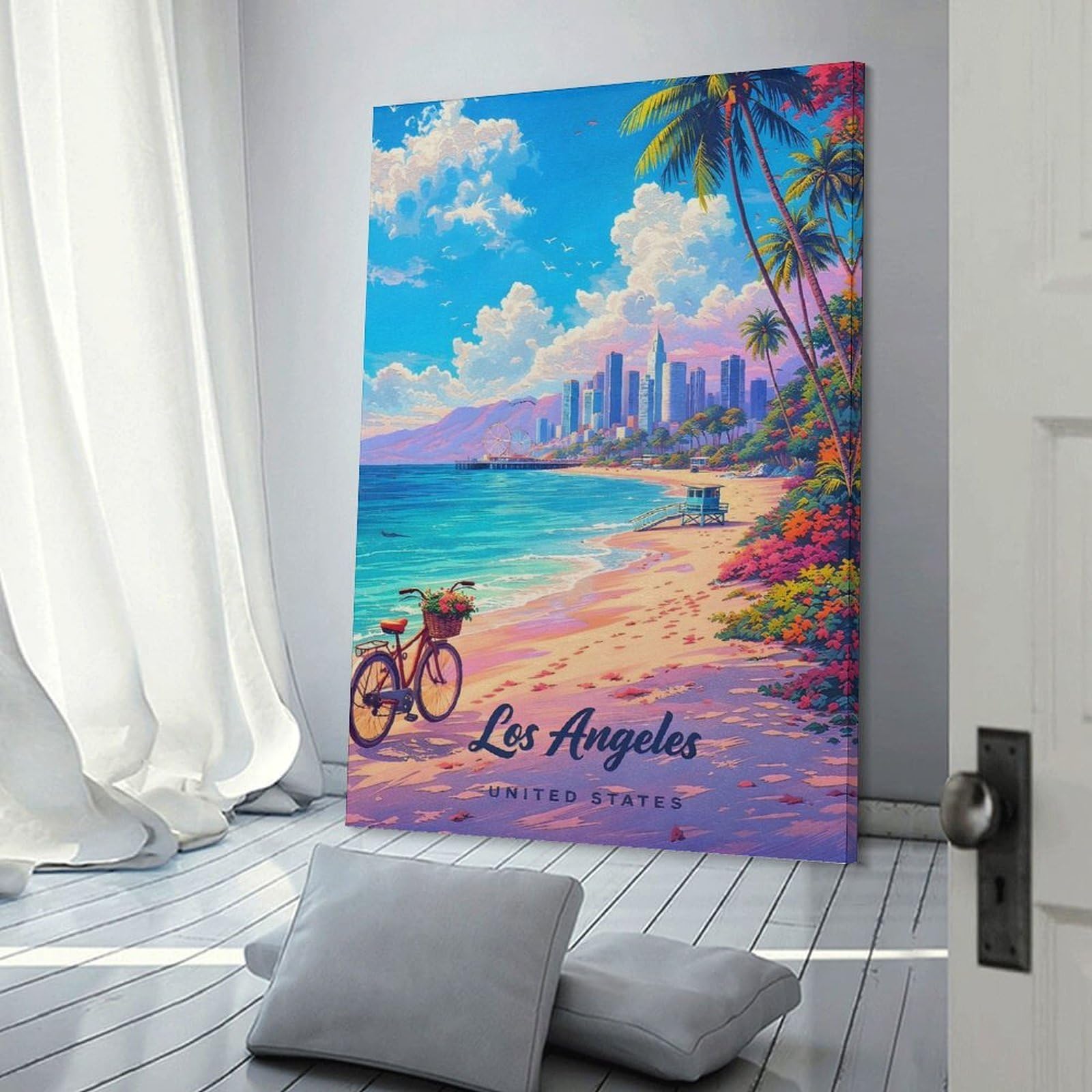 Junmoney Los Angeles Beach Scene Decorative Wall Artwork 20x30inch(50x75cm), for Living Room, Bedroom, Office Or Hallway, Decorative Artwork with Broad Appeal