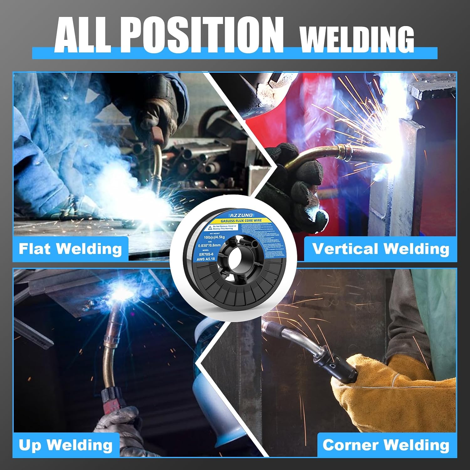 AZZUNO Flux Core Mig Welding Wire, E71T-GS Mild Steel Gasless Mig Wire .030" 10-LB, 1-PACK