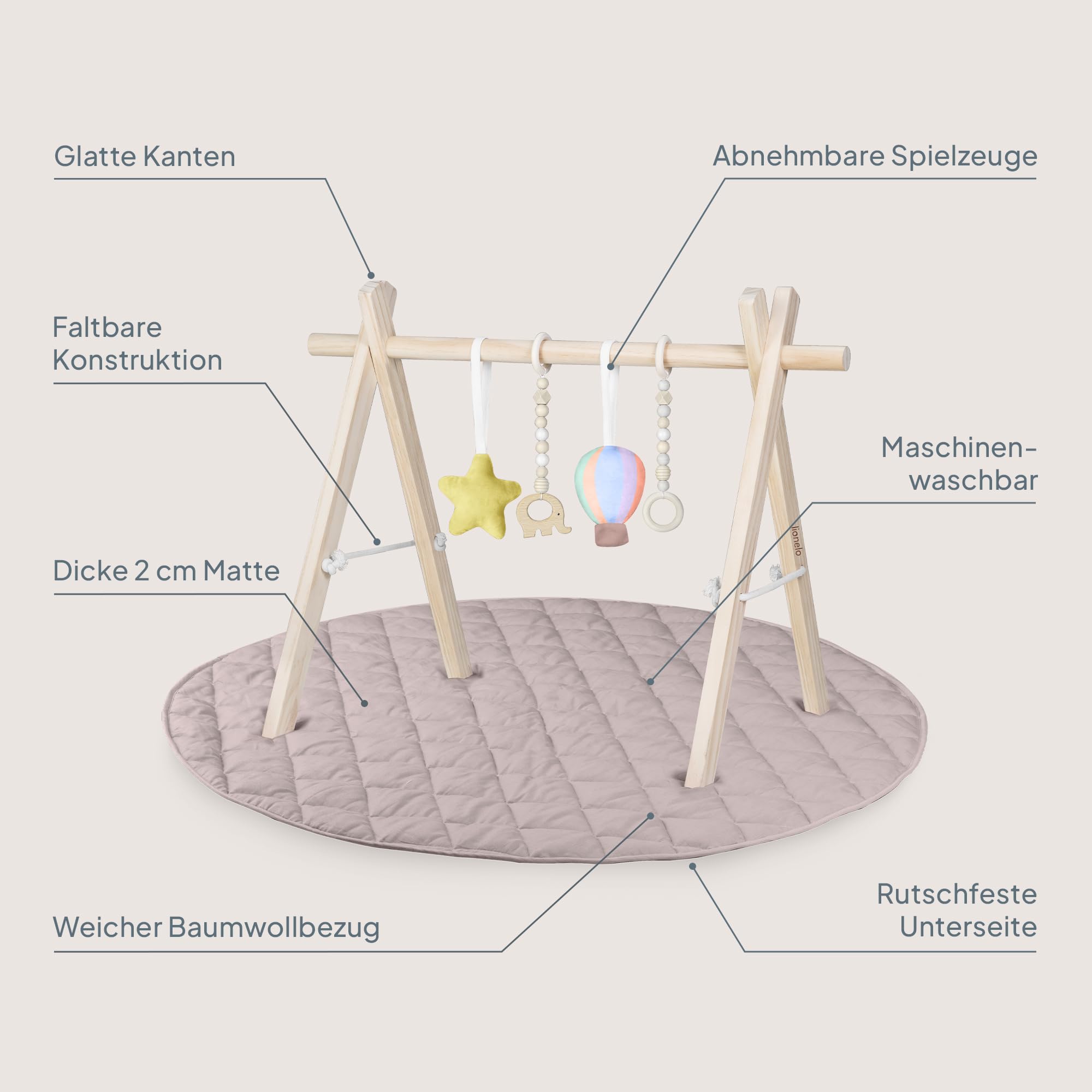 Lionelo Anis Set Baby Gym mit klappbarem Holz-Spielbogen & abnehmbaren Spielzeugen, große 100 cm Krabbel- & Spieldecke aus Baumwolle, 2 cm weich & rutschfest, Montessori Spielmatte für Babys | mit abnehmbaren Spielzeugen, große 100 cm Krabbel- & Spieldeck