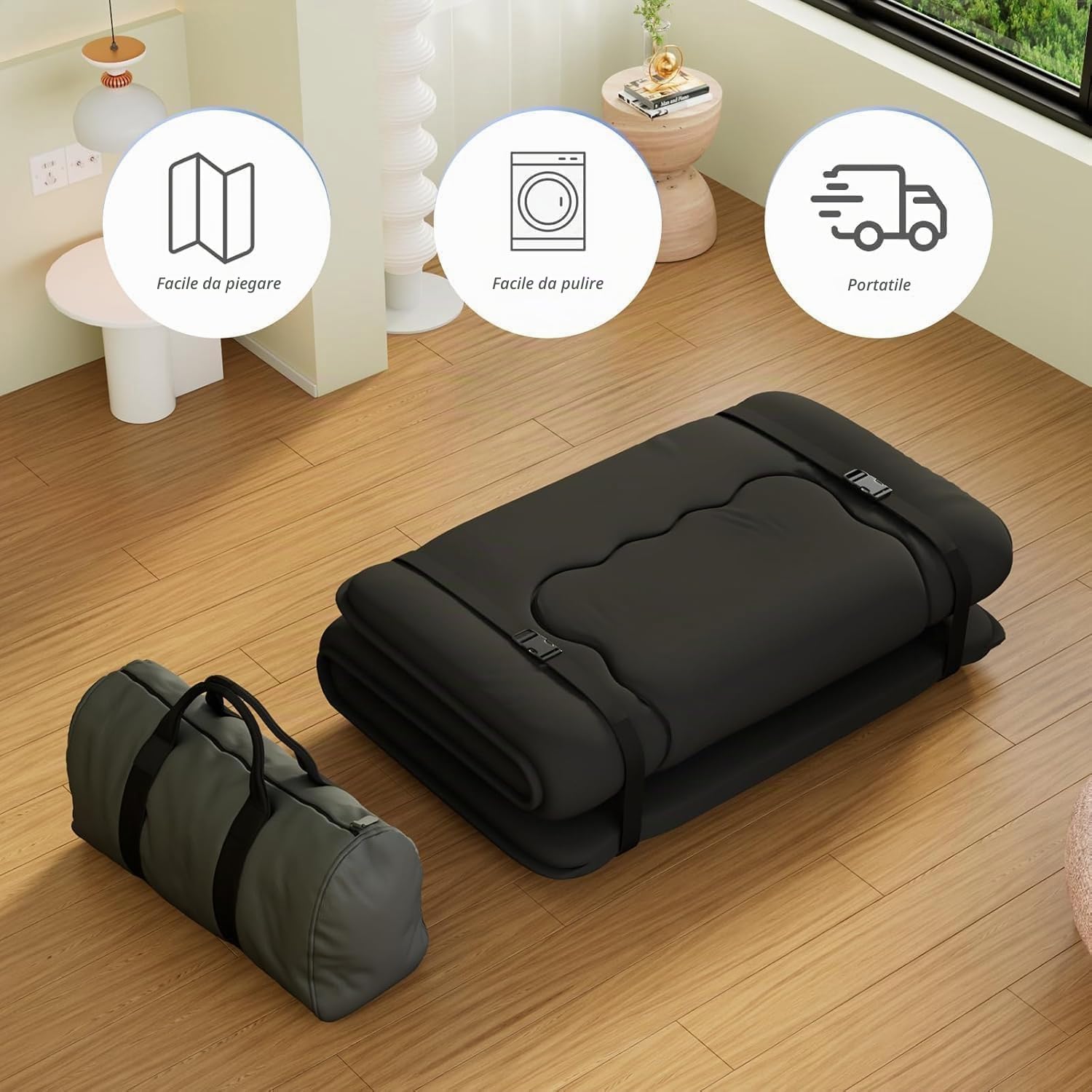 Kiseely Materassino giapponese Futon, pieghevole, Tatami portatile, con tasca e cinghia, materasso da pavimento, materasso da letto ispessito, materasso da campeggio (Nero GV1, 90X200cm)