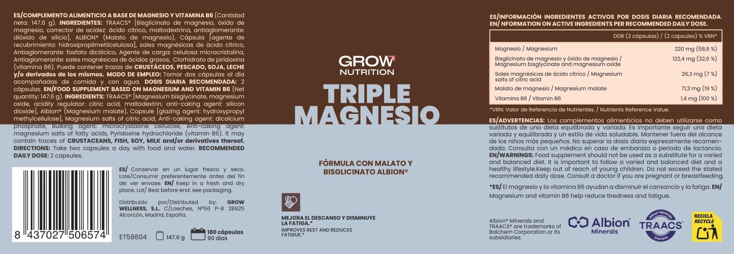 Grow Wellness Triple Magnesio Albion TRAACS 180 Cápsulas