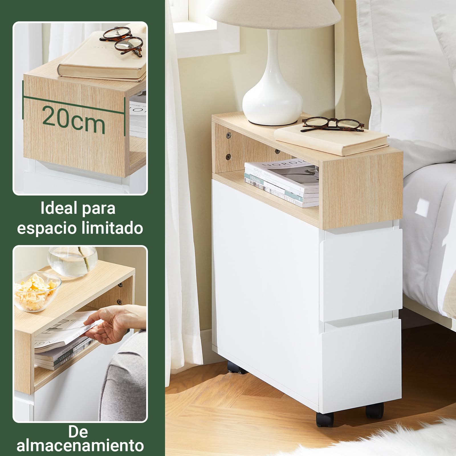 SoBuy Mesita Auxiliar Estrecha con Ruedas y 2 Cajones - Mesita de Noche Móvil para Dormitorio/Salón, Mueble con Ruedas Blanco Natural 50x20x61cm FBT155-WN
