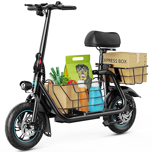 Gyroor Adults Electric Scooter with Large Middle Basket, 550W Motor 18.6 MPH 20 Mile Distance, Foldable E-Scooter with seat for Pets & Cargo