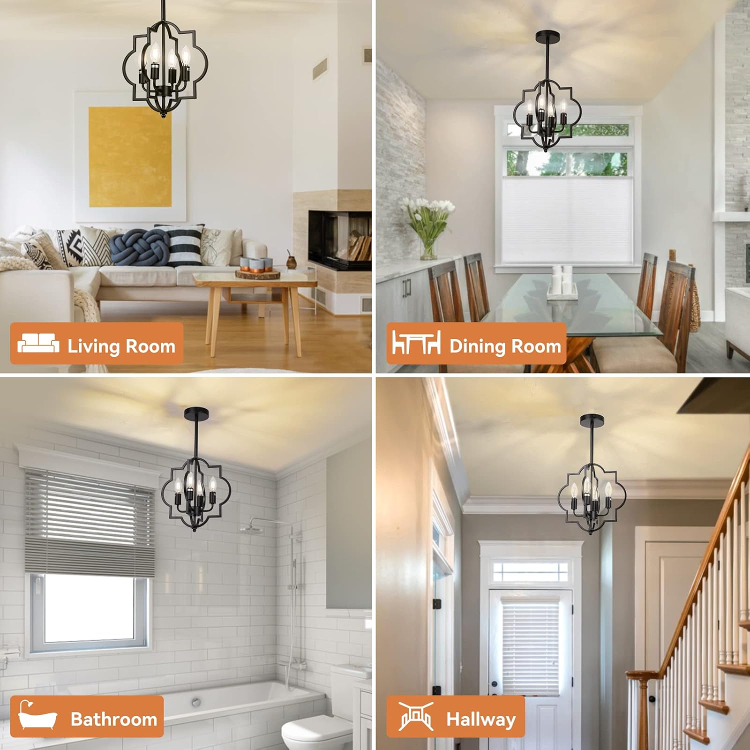 Farmhouse Chandelier,Black Chandeliers Modern Island Pendant Lights,4-Light Ceiling Light Fixture for Dining Room Kitchen Bedroom Living Room (13.8"x 12.6")