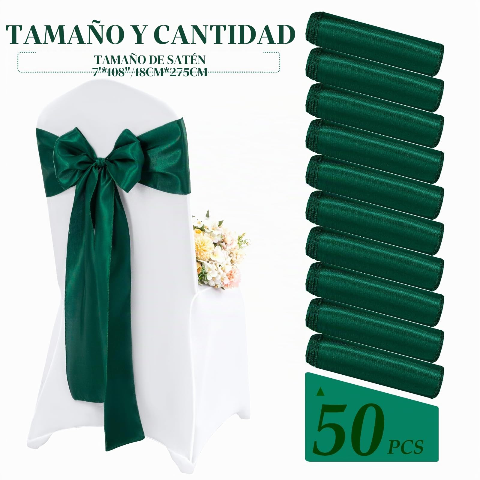 Teruntrue Paquete de 50 fundas decorativas para sillas de satén, color verde oscuro, para bodas, recepciones, fiestas, hoteles, hogar, cocina, etc