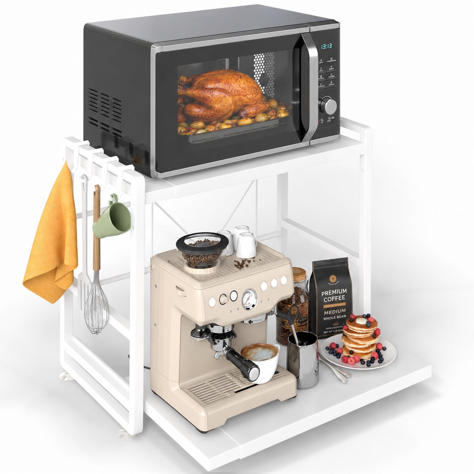 BeSokar Scaffale da cucina a 2 livelli, altezza regolabile e ripiano estensibile con cassetto, in acciaio al carbonio, ganci e ventose di rinforzo, facile da montare, colore bianco